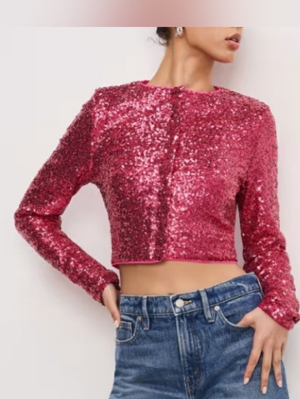 Good American Cotton Sequin Embellished Cardigan in Pink - Small